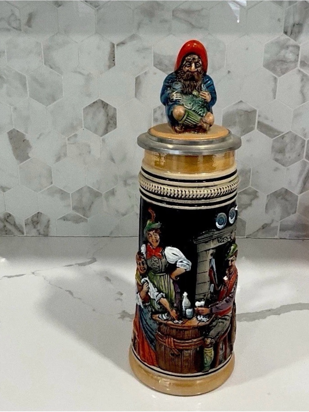 Vintage West Germany House Of Global Art Beer Stein Figural Lid Tavern Scene NWT